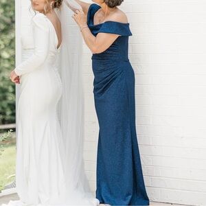 OLEG CASSINI
Off-the-Shoulder Draped Glitter Knit Sheath